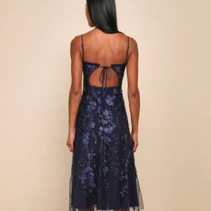 Lulus Charmingly Sophisticated Navy Blue Tulle Embroidered Midi Dress Medium